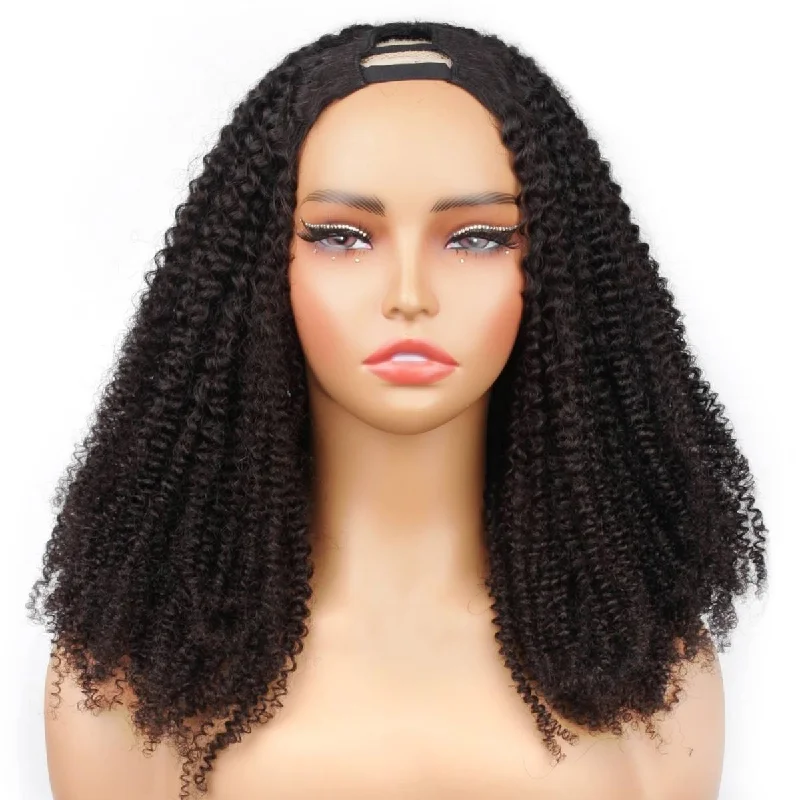 Long wig with height-12 Inch Afro Kinky Curly V Part Wig