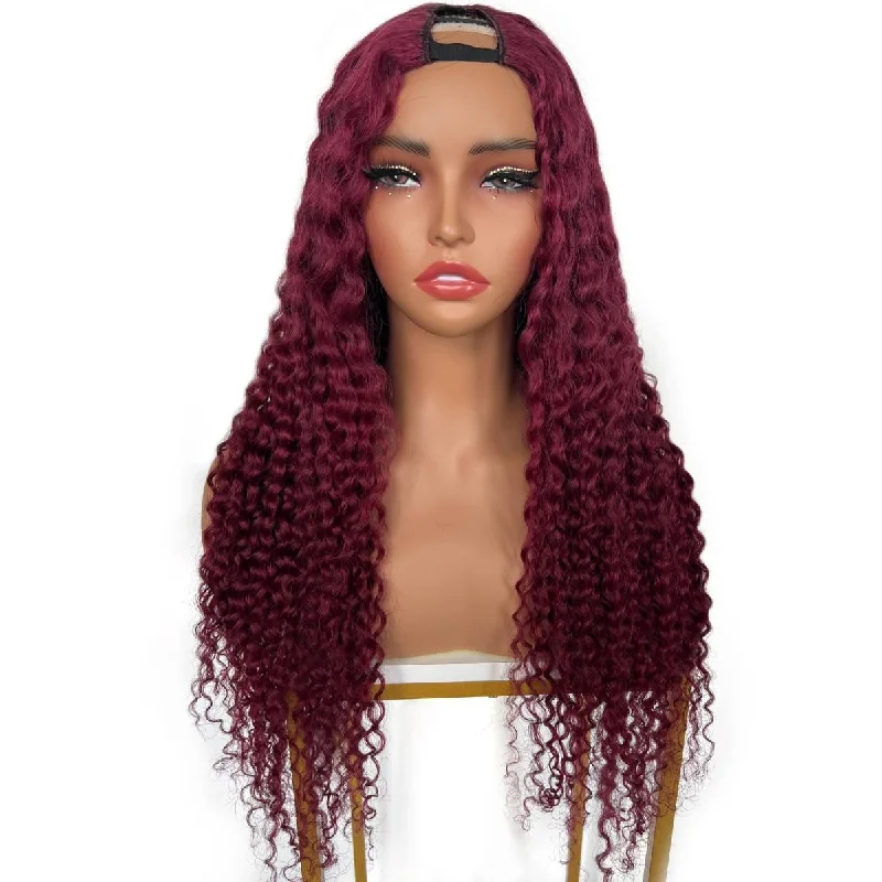 Short red wig with texture-12 Inch Burgundy Ocean Wave V Part Wig