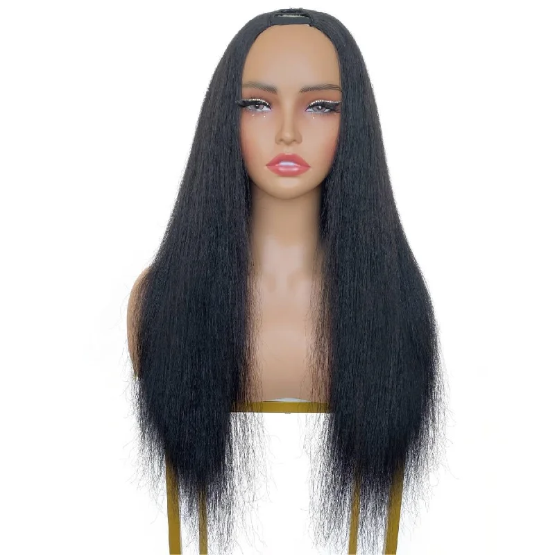 Short gray wig with shine-16 inch Yaki Straight V Part Wig