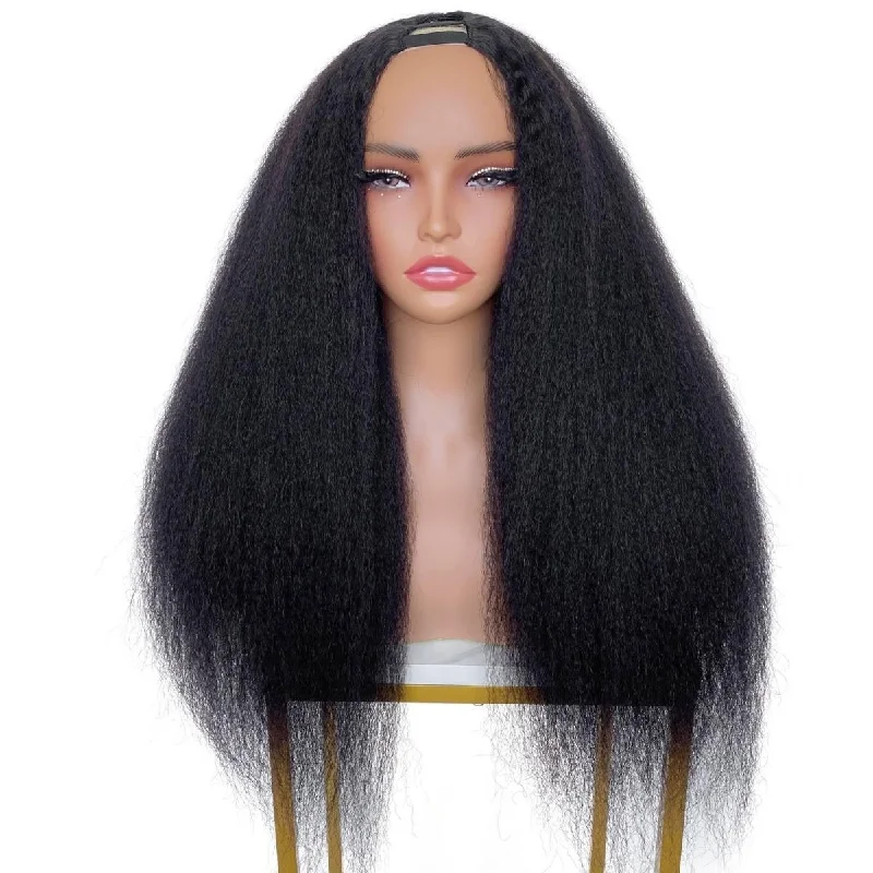 Long blonde wig with texture-18 inch Kinky Straight V Part Wig