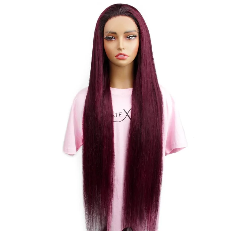 Wig for older women-24 Inch Ombre Burgundy Straight 13x6 HD Lace Front Wig