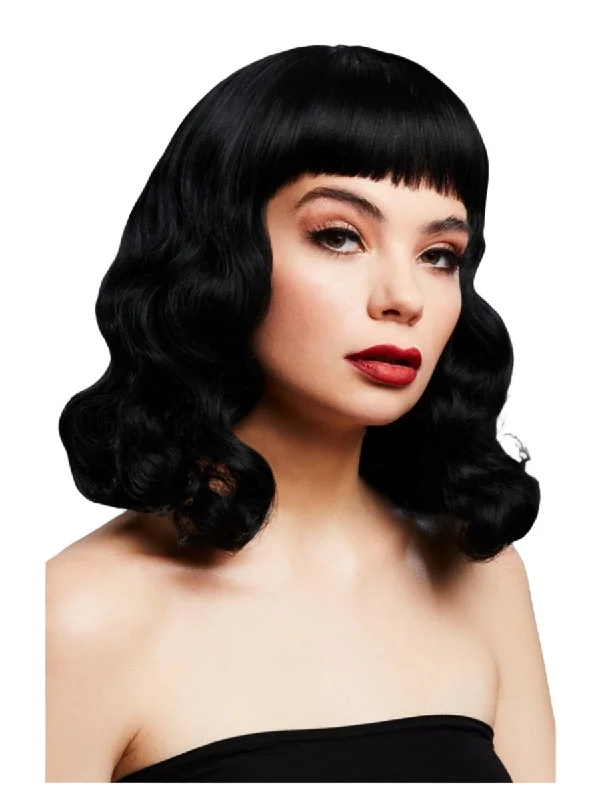 Black wavy wig for women-Bettie Wig with Short Fringe, Black