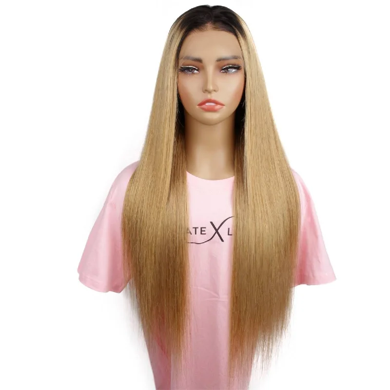 Medium length wig gray-Honey Blonde Ombre Straight 13x4 HD Lace Front Wig