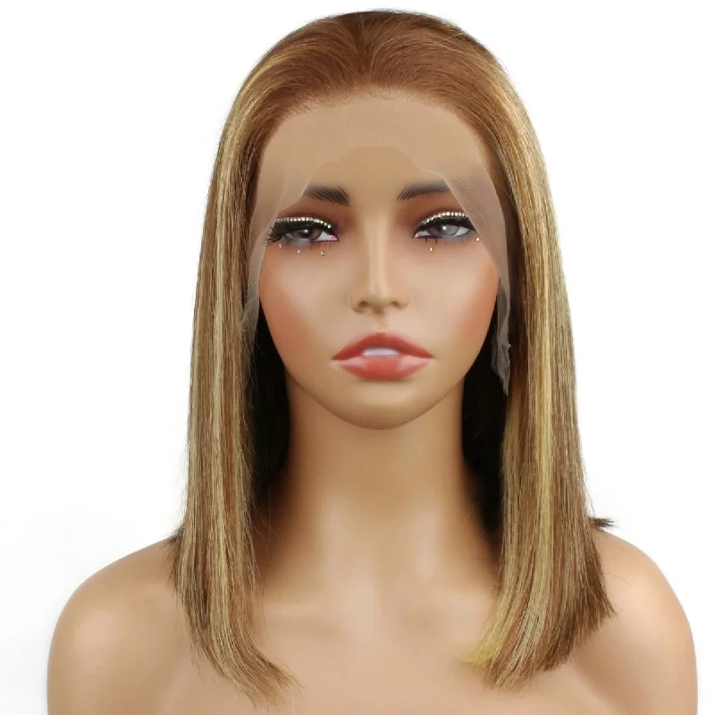 Long red wig with texture-Light Highlight Straight 13x4 Transparent Lace Front Bob Wig