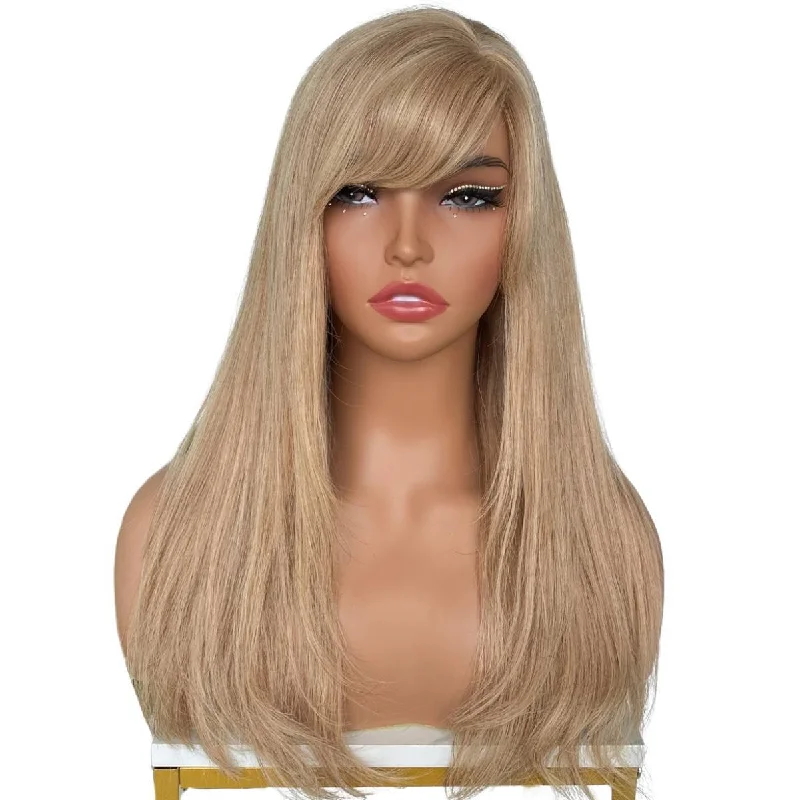 Medium length wig purple-Medium Ash Blonde Straight Capless Bang Wig