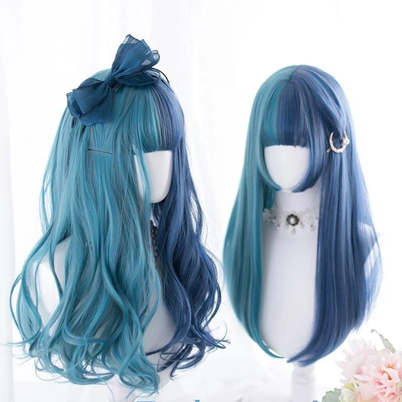 Red wavy wig for sale-Split Blue Cosplay Wig