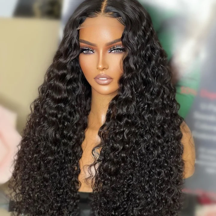 real person hair ring global design-Water Wave Curly 4x4 Closure Lace Wig Human Hair Wigs Glueless Wig Pre Plucked Hairline