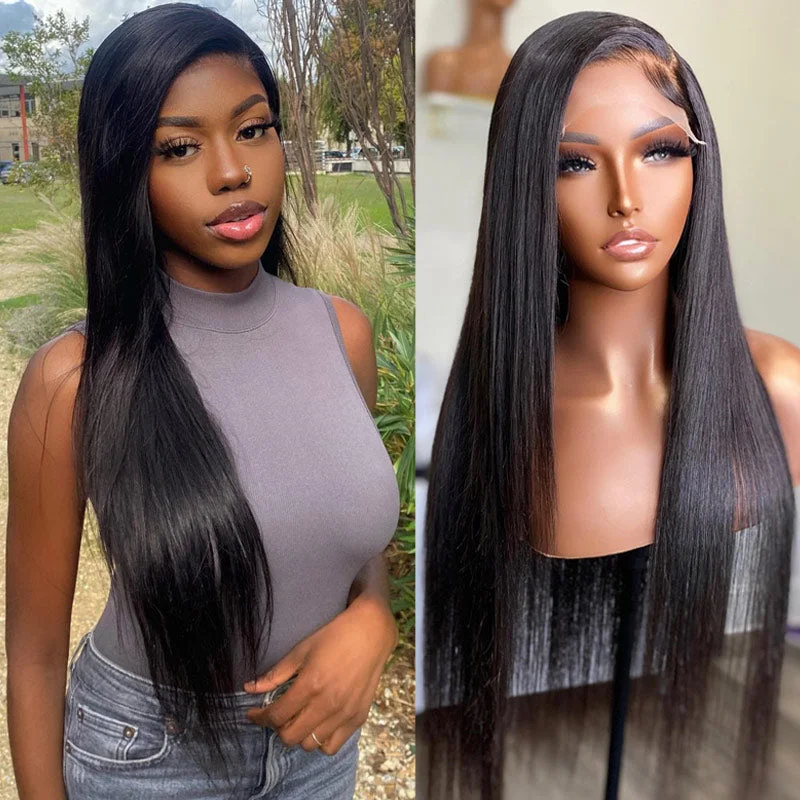 real person hair ring intricate band-Long Straight Hair 4x4 Transparent Lace Closure Wigs 100% Virgin Human Hair Wigs