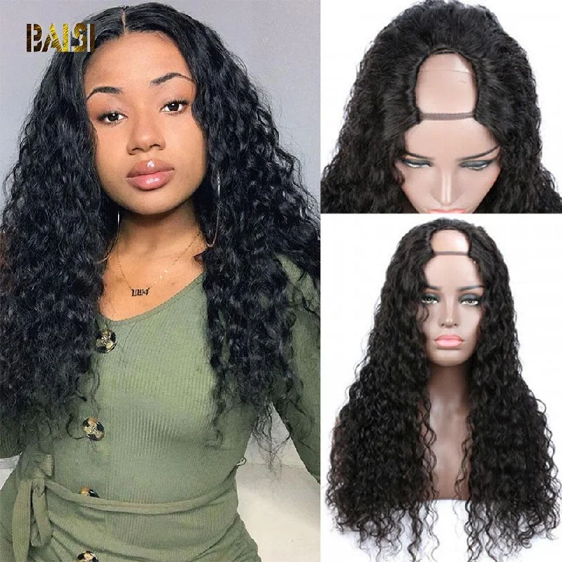 real person hair ring short design-BAISI U Part Wig Water Wave 100% Human Hair Wigs