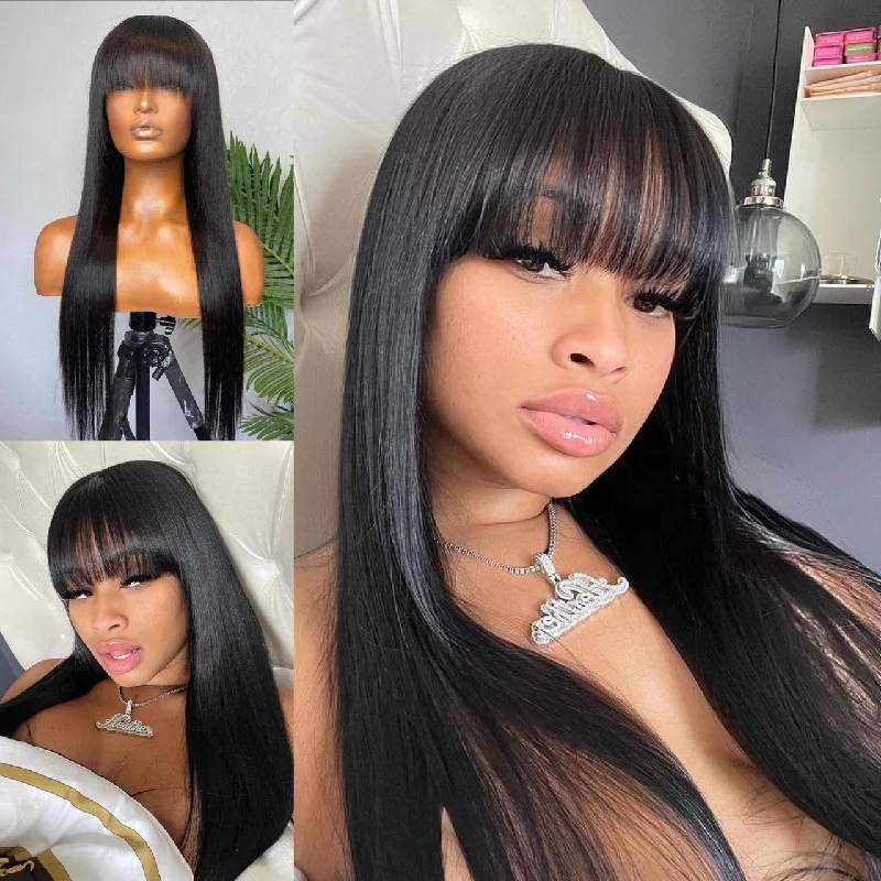 real person hair ring handmade luxury-Fringe 250% Destiny Straight Bob Wig Natural Black Color 100% Human Hair