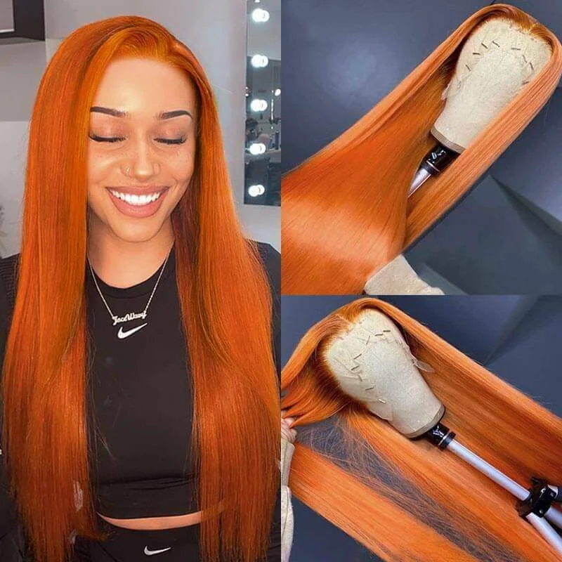 real person hair ring vip craft-Ginger Color Lace Glueless 13x4 Lace Front Wig Straight Hair Human Hair