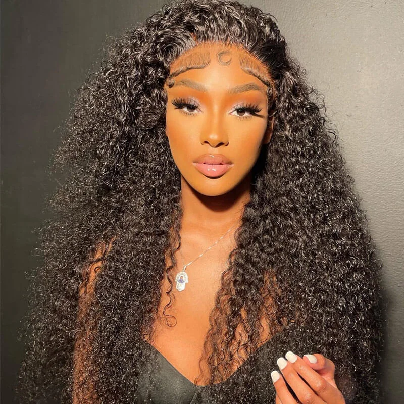 real person hair ring universal design-Closure Wig kinky Curly 4x4 Transparent Lace Closure Pre Plucked Headline Real Human Hair Wig