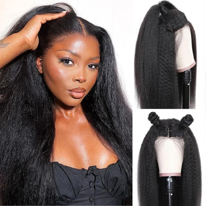 real person hair ring travel design-Glueless Kinky Straight 13x4 Lace Frontal Wigs Human Hair Wig