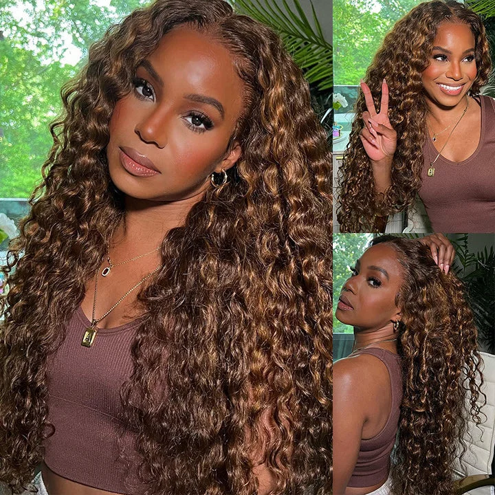 real person hair ring tribute craft-Deep Wave Lace Front Wig 4/27 Highlight Brown With Blonde Deep Curly Human Hair Wigs