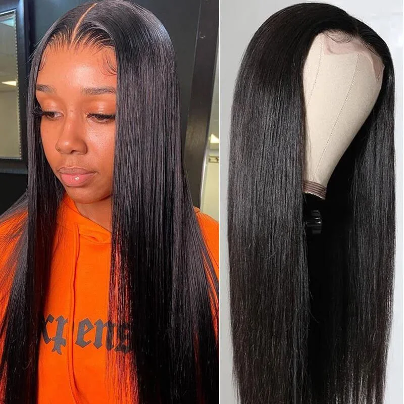 real person hair ring constellation art-Straight Human Hair 13A 4x4 Lace Part Wig Preplucked Natural Hairline 150% Density