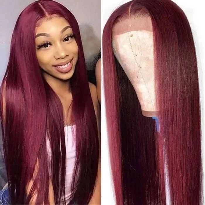 real person hair ring smooth edge-Silk Straight 99J Human Hair 13x4 Frontal Lace Wigs Hand Tied Lace Part Wigs For Woman