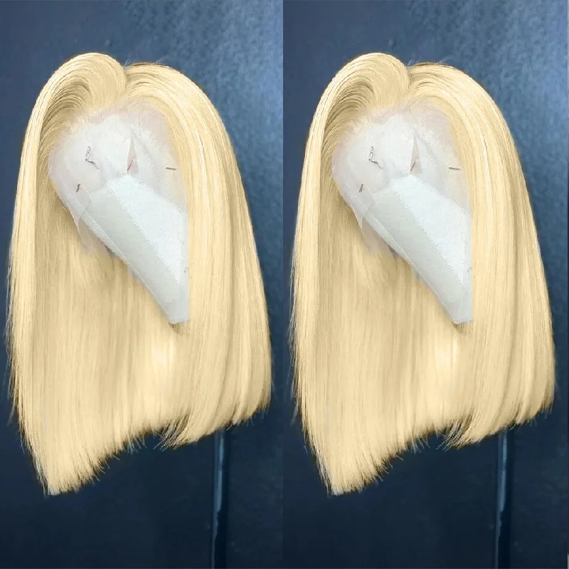 real person hair ring platinum band-Honey Blonde 613 Short Bob Wigs Bone Straight Human Hair Lace Frontal Wig