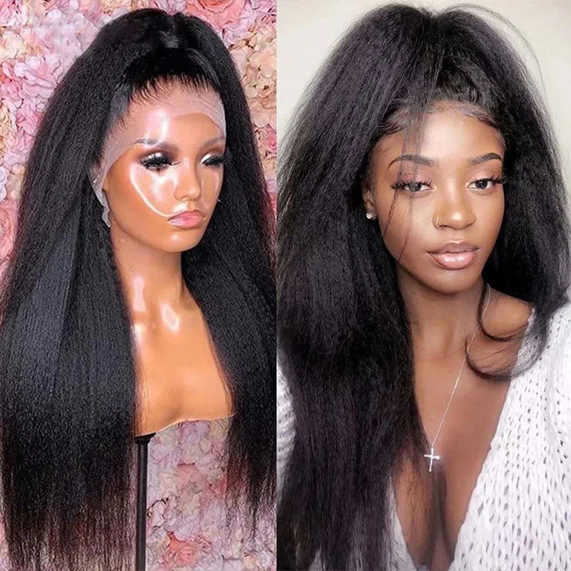 real person hair ring coiled craft-Kinky Straight Frontal Lace Wig Human Hair Natural 13x4 Lace Front Wigs