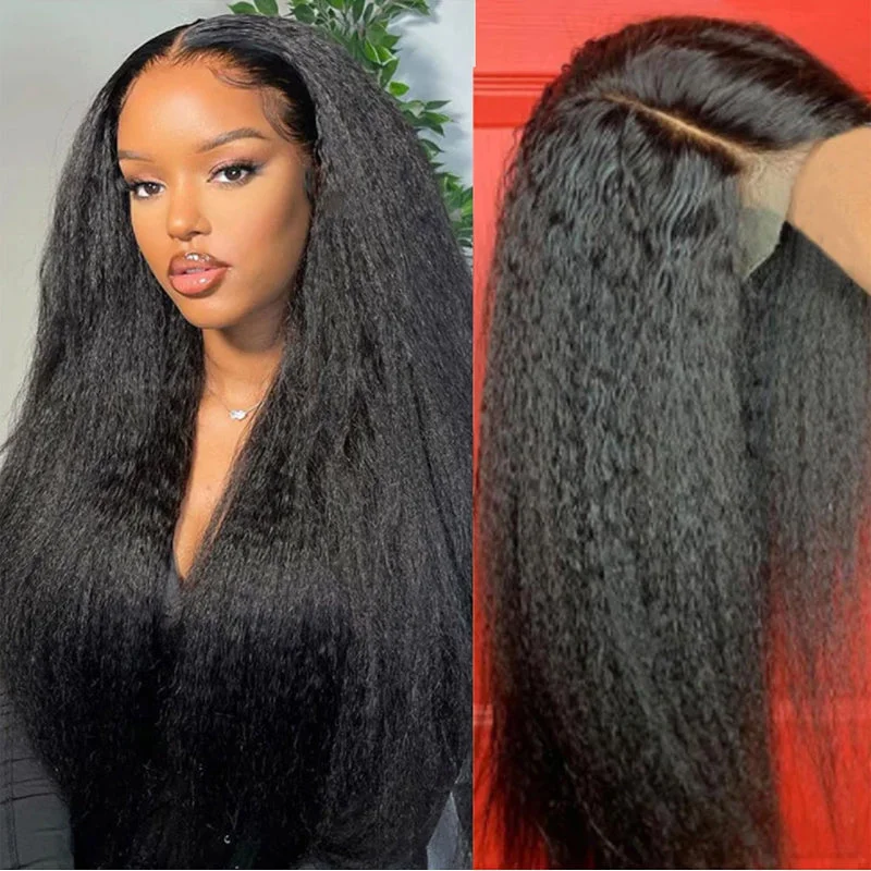 real person hair ring design journey-Yaki Straight 13x4 Lace Closure Glueless Wig Kinky Straight Human Hair