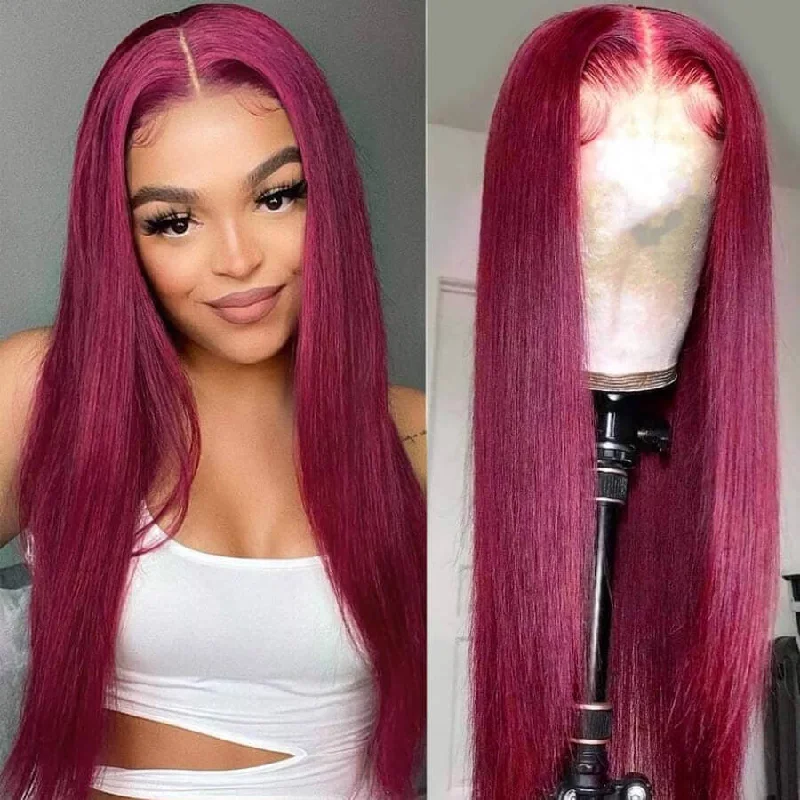 real person hair ring essential style-Long Straight Hair 99j Burgundy 13X4 Lace Front Wig Glueless 100% Virgin Human Hair