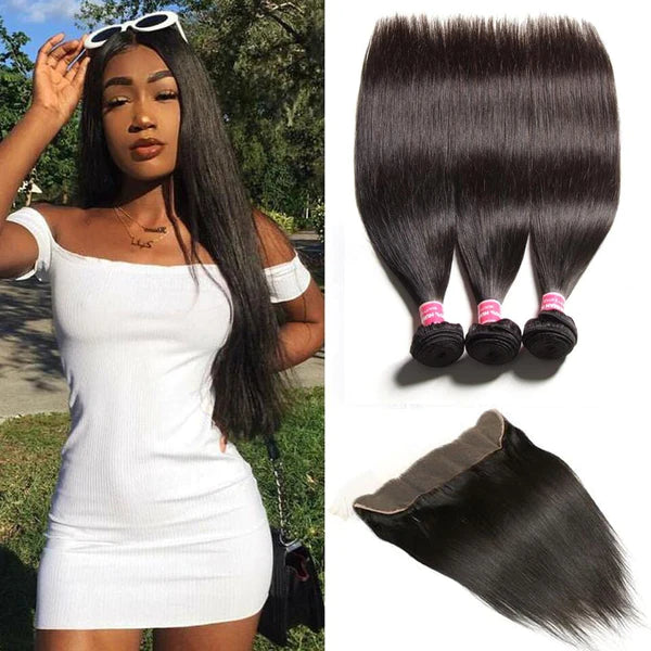 real person hair ring bronze craft-Remy Human Hair Brazilian Straight Hair 3 Bundles with 13X4 Frontal Lace Closure