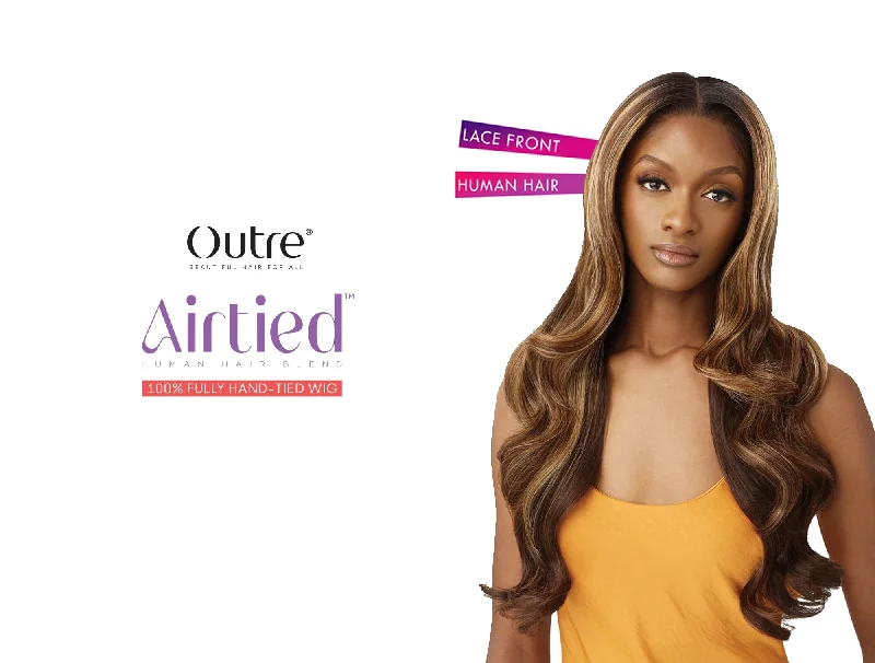 real person hair ring year-round craft-OUTRE AIRTIED HUMAN HAIR BLEND 100% FULLY HAND TIED WIG - GLAM WAVES 28"