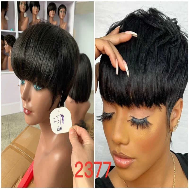 real person hair ring new band-Pixie Wig YBH-2377 Straight Short Human Hair color Bob Wig