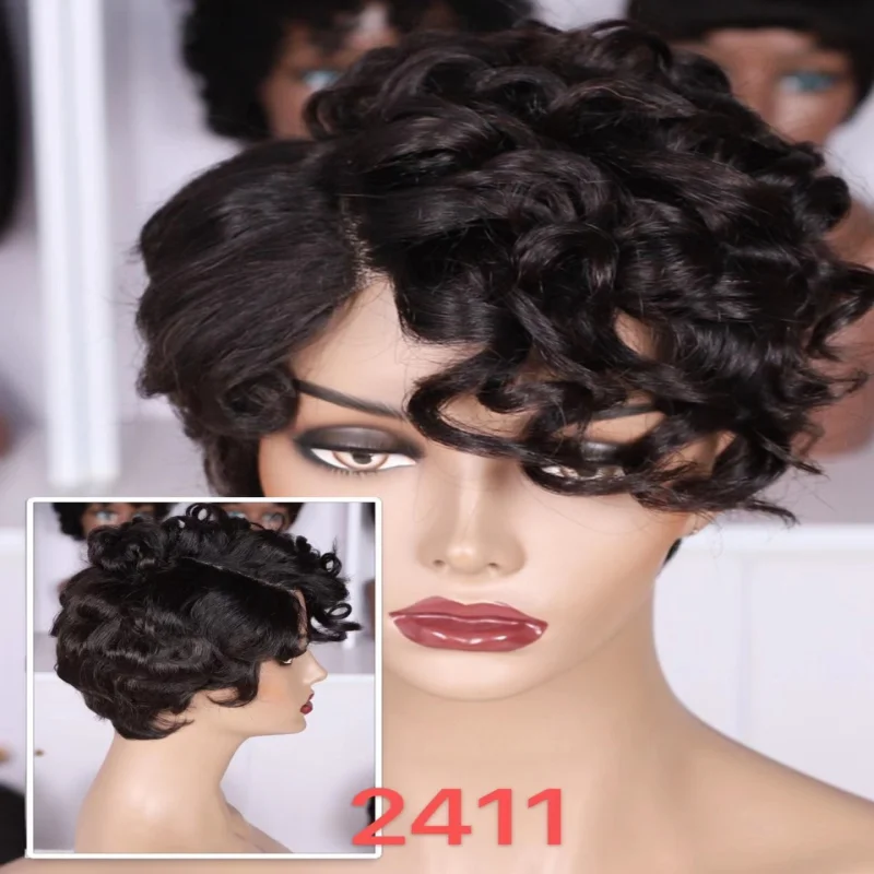 real person hair ring forever craft-Pixie with T Part Lace Wig Boss Lady Short Wig Human hair YBH-2411  R600