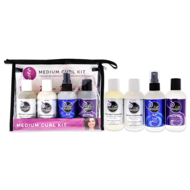 Curl Keeper Medium Curl Kit by Curl Keeper for Unisex - 4 Pc Set 3.4oz Treatment Shampoo, 3.4oz Cream Conditioner Moisture Maintenance, 3.4oz Original Liquid Styler, 3.4oz Slip 30 Second Detangler