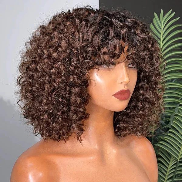 real person hair ring titanium frame-ReadytoGo-T1B/4 Popular Water Wave Bang Bob Wig Peruvian Human Hair