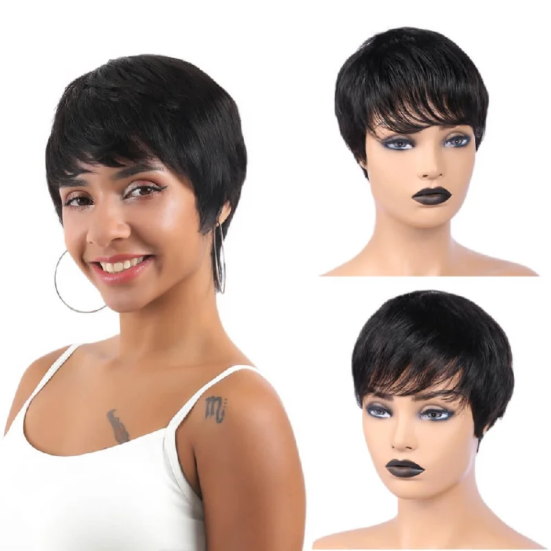 real person hair ring lacquer finish-Short Pixie Cut Wig Straight Hair With Bangs 100% Human Virgin Hair Wig