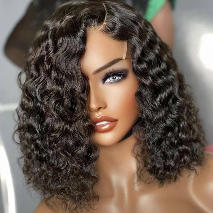 real person hair ring twisted metal-Spanish Curly Bob Wig 13*4/4*4 Short Human Hair Bob Wigs 10"-16" Black Bob Wig