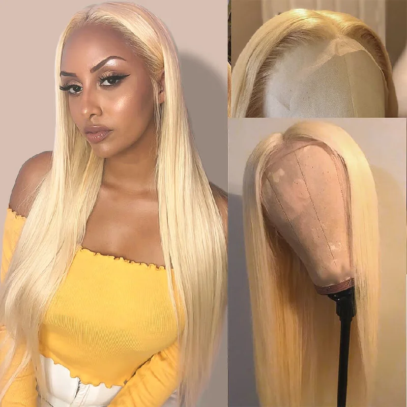 real person hair ring celestial band-Straight Hair 613 Blonde Frontal Wig 13x4 Lace Front Human Hair Wigs Pre Plucked Hairline