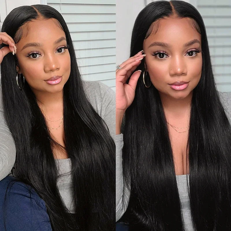 real person hair ring final ring-Frontal Silk Straight 13x4 Lace Wigs Human Hair Natural Black Color 150% 180% Density