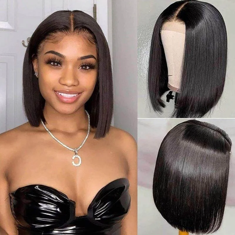 real person hair ring cat silhouette-Lace Front 13x4 Bob Wigs Short Straight Human Hair Wigs Middle Part Pre-plucked