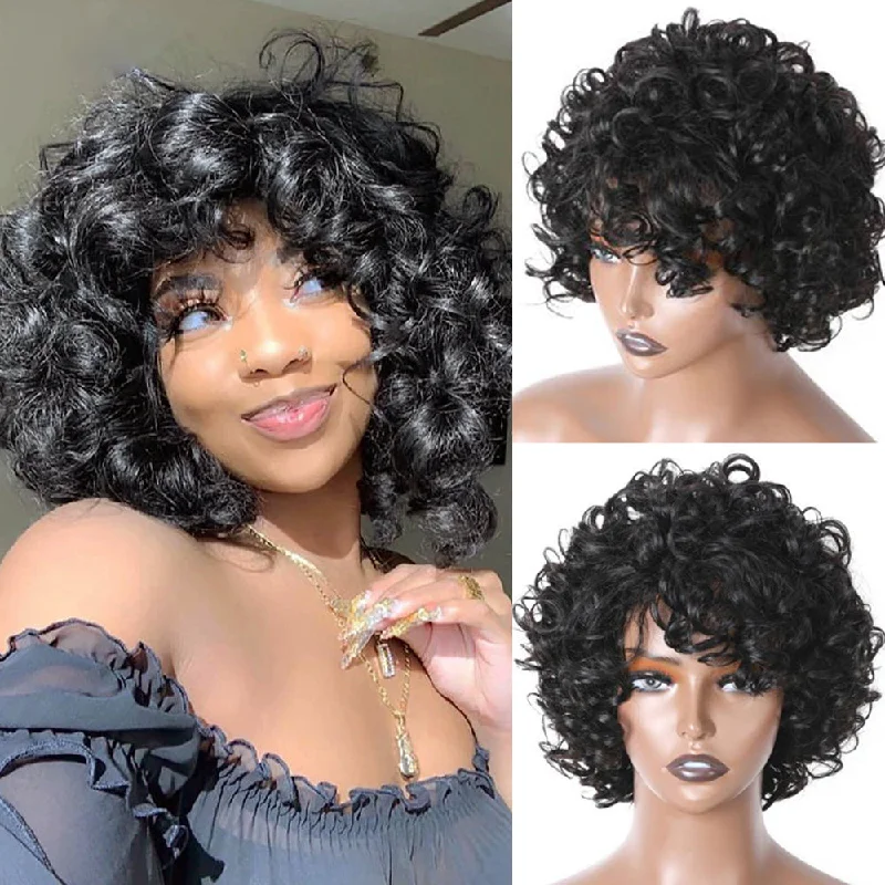 real person hair ring sustainable craft-Fluffy Curls Short Human Hair Wigs with Bangs Glueless Pixie Cuts Wigs