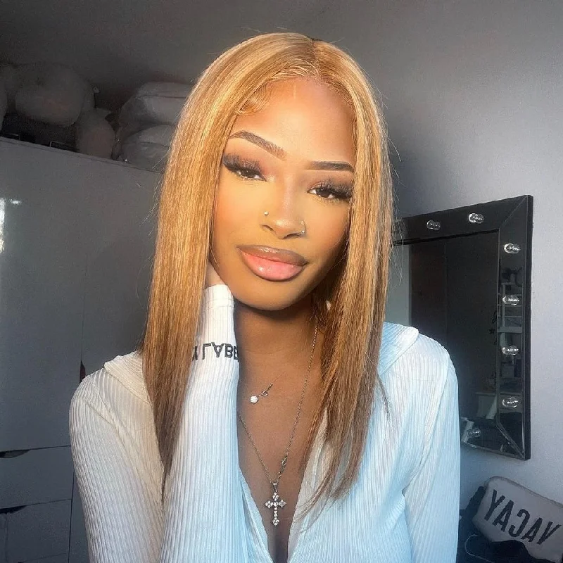 real person hair ring simple band-Brown Highlight Straight Bob 13x4 Lace Front Wig Piano Color Human Hair