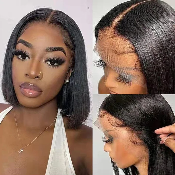 real person hair ring custom band-High Quality Blunt Cut 10" Bob Wigs 13x4 Lace Frontal Pre-plucked Human Hair Wigs