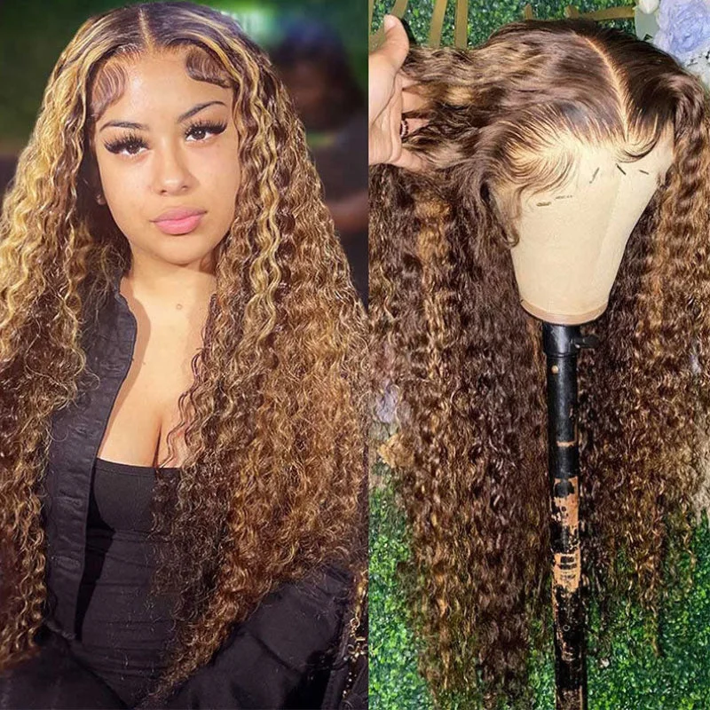 real person hair ring ruby detail-Honey Blonde Highlight Piano 13x4 Lace Front Wig With Deep Wave Human Hair Wig