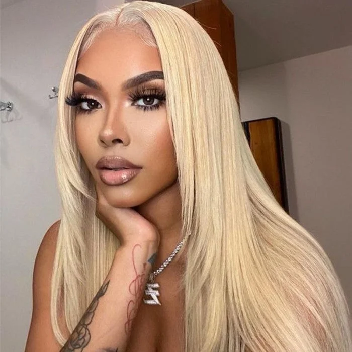 real person hair ring celestial band-Layered Haircut 613 Blonde 13x4 Lace Front Wig Silky Straight Human Hair Wig