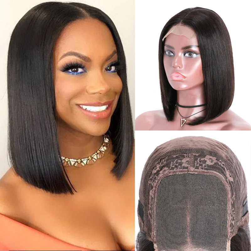 real person hair ring large band-Short Straight Bob Wigs 4x4 Lace Closure Front Wigs Pre-Plucked Virgin Human Hair Wigs 150% Density