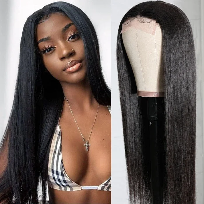 real person hair ring holographic look-Silk Straight 4 By 4 Lace Closure Wigs 180% Density Human Hair Wigs